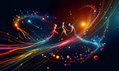 Fototapeta premium Ein abstraktes Kunstwerk aus neon farben, farbenfroh, bunt, abstrakte kunst, Hintergrund, 3 Figuren im Zentrum