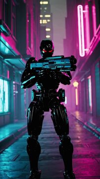 a high-energy, cinematic futuristic combat robot in a neon-lit cyberpunk cityscape, robocop ai 