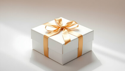Obraz premium gift box, white and gold, elegant, ribbon, present, simple, clean background, studio lighting, high contrast, minimalist, square shape, festive, celebration, surprise, 3D render, photorealistic, produ