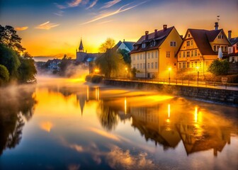 Misty River Dawn: Serene Early Morning Fog Over Calm Water