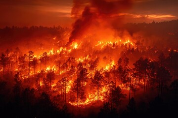 A raging wildfire sweeping through a dense forest