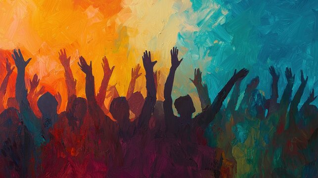 Abstract people protest background. Vibrant watercolor illustration of young people standing with raising hands. Crowd of protesters. Protest, revolution, conflict poster