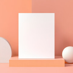 blank white menu mockup displayed on peach background with geometric shapes, creating modern and minimalistic aesthetic. Ideal for showcasing design concepts