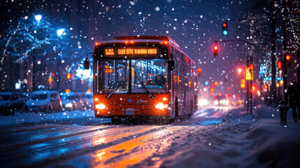 Obraz premium A city bus traveling through a snow-covered street during a quiet winter evening