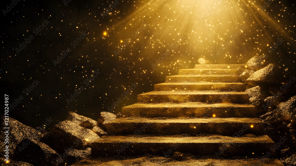 Poster A mystical staircase illuminated by a golden light, creating an enchanting atmosphere filled with sparkling particles