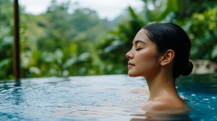 Woman relaxing in tranquil infinity pool surrounded by lush greenery in a tropical setting during daytime