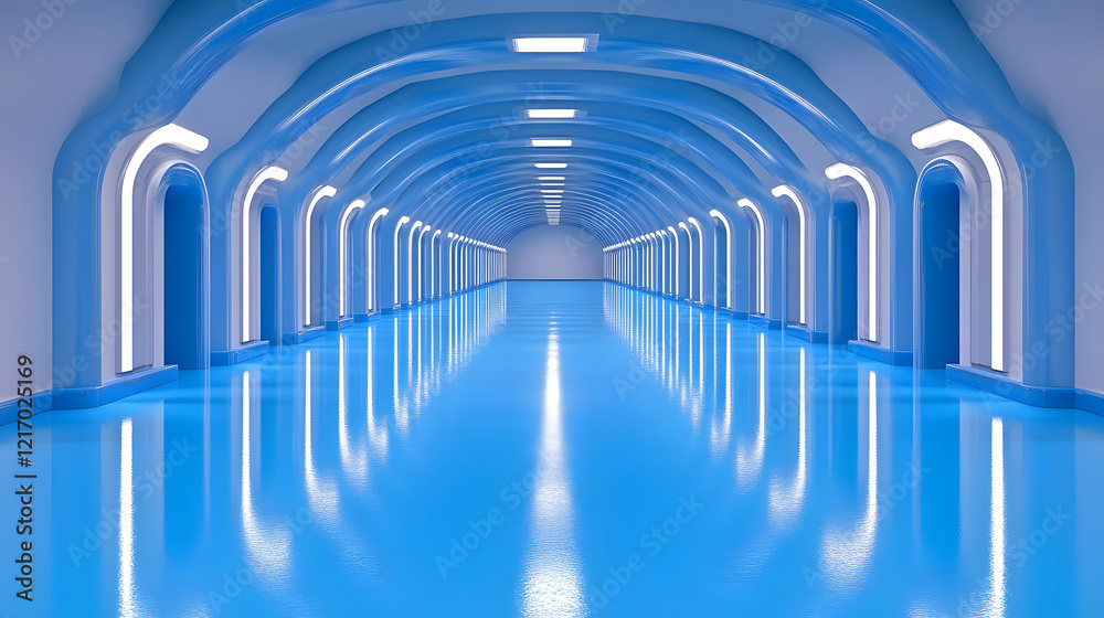 Poster a sleek, futuristic corridor with glowing blue lights and a glossy floor, creating a tranquil and mo