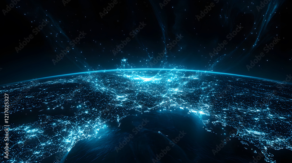Poster a digital representation of earth, illuminated by interconnected lights, showcasing a futuristic vie