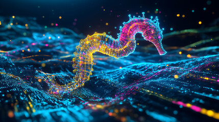Fototapeta premium Abstract Neon Sea Horse in Vibrant Particle Ocean