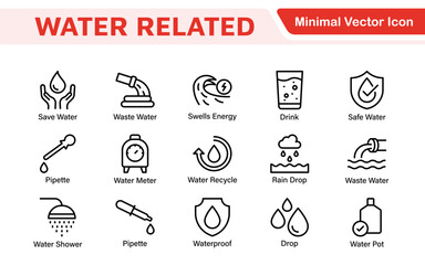 Fototapeta premium Water Related Icon Set. A refreshing collection of icons showcasing water conservation, aquatic life, and hydration, perfect for water awareness and sustainability.