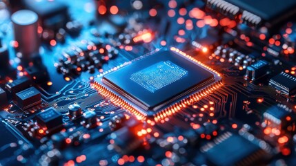 Bright Microchip and Circuits on Motherboard with Abstract Technological Background