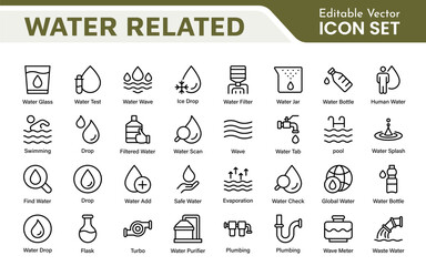 Naklejka premium Water Related Icon Set. A refreshing collection of icons showcasing water conservation, aquatic life, and hydration, perfect for water awareness and sustainability.