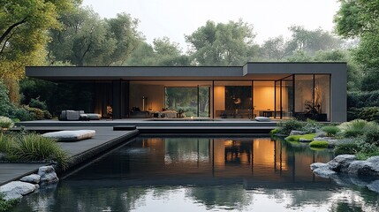 Obraz premium Modern house with pool and garden at dusk.