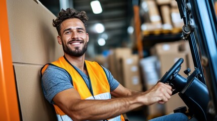A happy material handler operates a forklift in a warehouse filled with goods, highlighting the joyful side of logistics and teamwork in a busy operational environment.