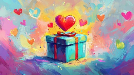 Valentine's gift box with whimsical cartoon-style hearts, vibrant colors, playful setting, children's illustration