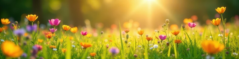 Fototapeta premium Sun-drenched meadow, vibrant wildflowers bloom , flowers, nature