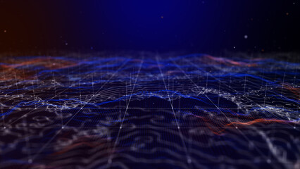 Flying through futuristic digital geology terrain, digital data telemetry and engineer topography with contour lines. 3D wireframe cartography concept.