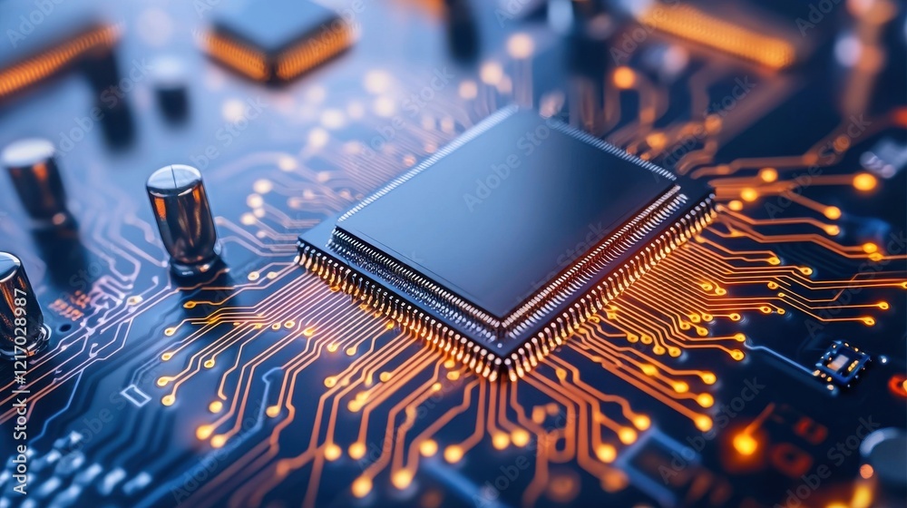 Poster abstract close up view of high tech microchip and computer circuit board with futuristic patterns an