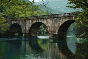 Fototapeta premium Ancient stone bridge with multiple arches spans a tranquil lake, its reflection mirrored in the still water, framed by a vibrant green forest