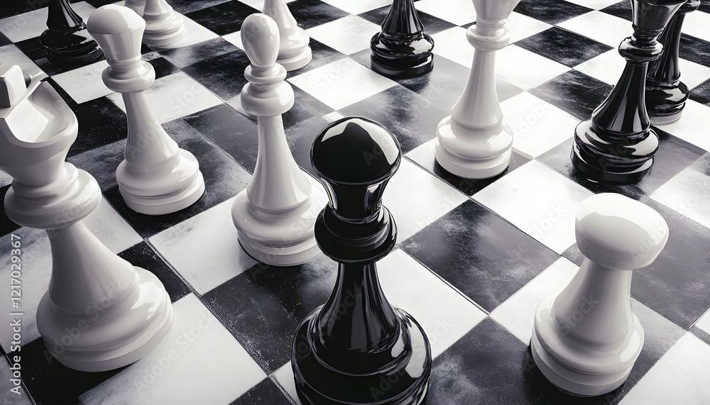 Poster Close-Up View of Chess Pieces on a Modern Black and White Chessboard Showcasing Strategy Game Elements with Dynamic Lighting Enhancements and Artistic Composition
