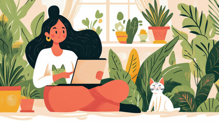 Fototapeta premium Woman Working on Laptop with Cats Amidst Lush Greenery