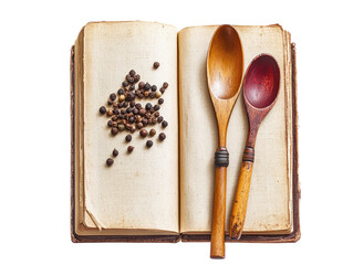 Isolated Open Vintage Cookbook with Spoons and Pepper
