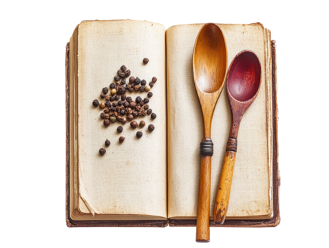 Isolated Open Vintage Cookbook with Spoons and Pepper