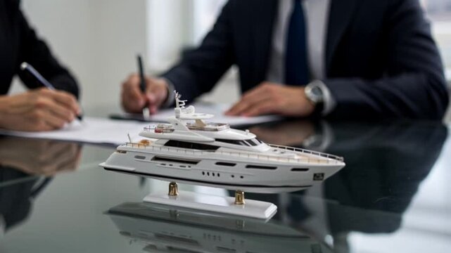 Business deal with luxury yacht model for sale or maritime insurance contract