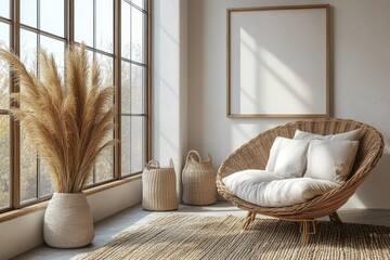 Cozy Living Room Mockup with Blank Frame on White Wall Showcasing Natural Elements and Comfortable Seating in Contemporary Design