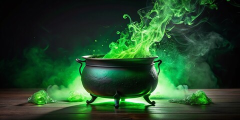 Mystical Green Witch's Cauldron on Black Background - Stock Photo