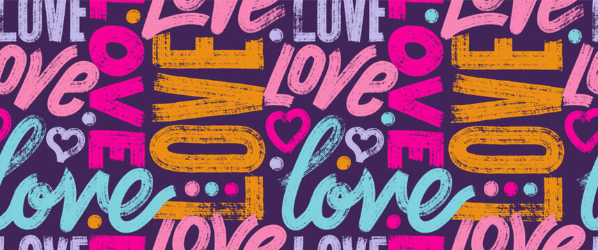 Fototapeta Abstract chaotic inscriptions love with line hearts seamless pattern . Hand painted with a dry brush on canvas. Pastel color background. Wallpaper seamless pattern for girls, Valentines day.