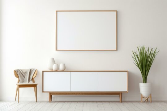 Modern interior design featuring an empty frame, sideboard, chair, plant, and vases, perfect for showcasing artwork or photographs