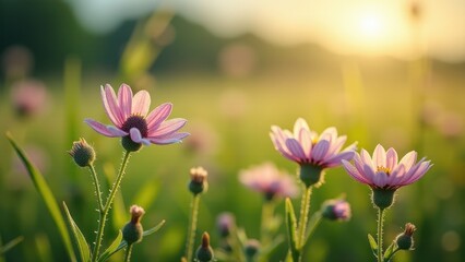 Obraz premium Wildflowers blooming in a meadow at sunrise 