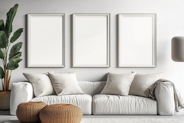 Modern Living Room Mockup with Blank Frames and Cozy Sofa Set against Minimalist Background Featuring Indoor Plants
