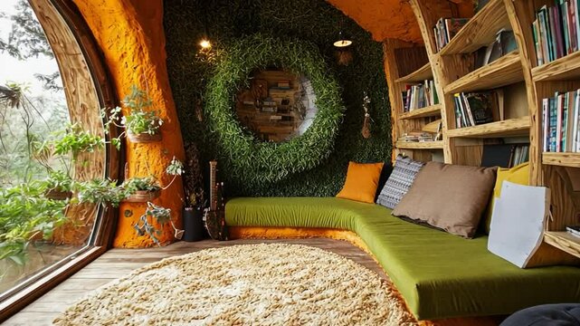 Earthen Haven Reading Nook:  A cozy and unique reading nook nestled within an earth-sheltered home, featuring a curved, built-in seating area,  a vibrant green wall.