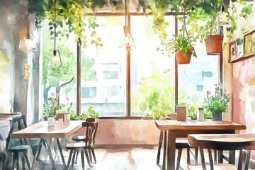 Obraz premium A cozy cafe setting with natural lighting and vibrant greenery. The inviting atmosphere encourages relaxation and creativity, ideal for social gatherings.