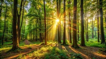 Fototapeta premium Warm sunlight filtering through a dense forest, illuminating the trees and undergrowth, dappled shade, daytime