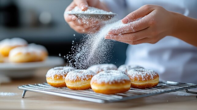 A baker expertly sprinkles powdered sugar over freshly made doughnuts, creating an appealing presentation that highlights the sweet treat's enticing fluffiness and shine.