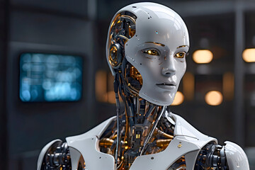 White AI robot standing in data center server room with automate screen technology modern office working room in term of cyber security and cloud computing