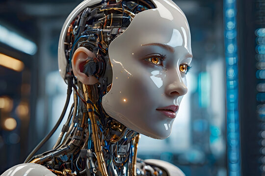 White AI robot standing in data center server room with automate screen technology modern office working room in term of cyber security and cloud computing