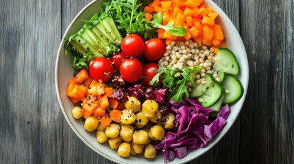 Buddha bowl dish with chicken fillet, brown rice, avocado, pepper, tomato, broccoli, red cabbage, chickpea, fresh lettuce salad, pine nuts and walnuts. Healthy balanced eating. Top view