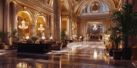 Luxurious hotel lobby with marble floors, golden columns, chandeliers, and plants.