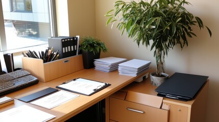 Fototapeta premium Organized Workspace with Laptop Desk Supplies and Potted Plant