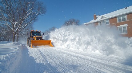 Snowplow clearing residential street, winter