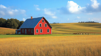 Obraz premium A train speeding past a rural farm with a red barn and grazing animals in the background