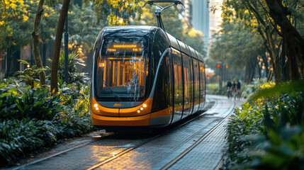 Obraz premium A tram gliding through a modern city surrounded by greenery and bike-friendly paths