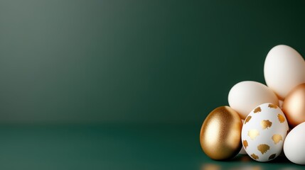 A collection of intricately designed golden and white Easter eggs arranged on a green background, exuding elegance and sophistication for the festive season.
