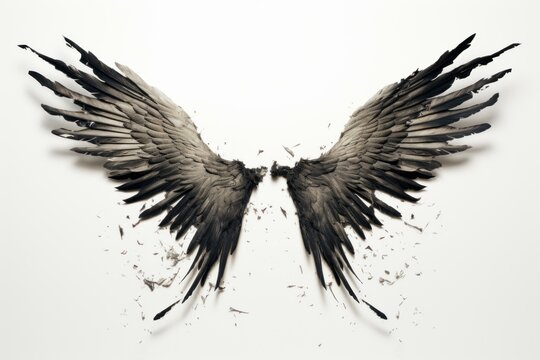 Pair of crumbling dark angel wings disintegrating on a white background, evoking themes of loss, fragility, and the ephemeral nature of existence