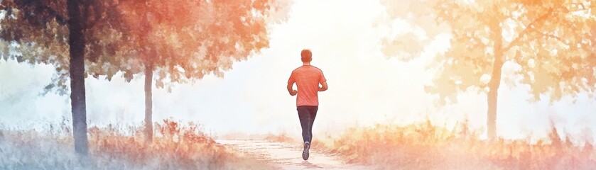 A person jogging along a scenic path surrounded by trees, showcasing a dedication to fitness and well-being in a tranquil outdoor environment.