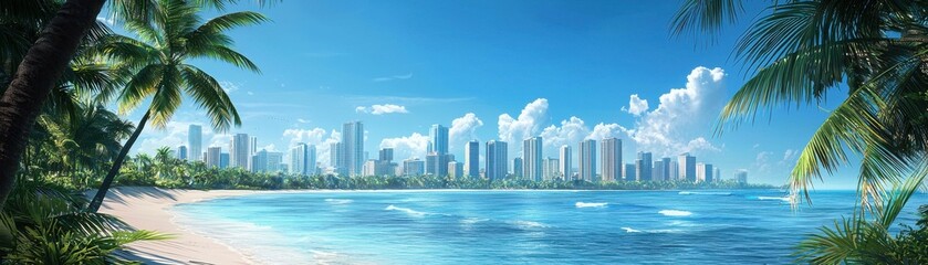 Fototapeta premium A stunning beach view showcasing a vibrant city skyline under a bright blue sky, perfect for evoking a sense of relaxation and adventure.